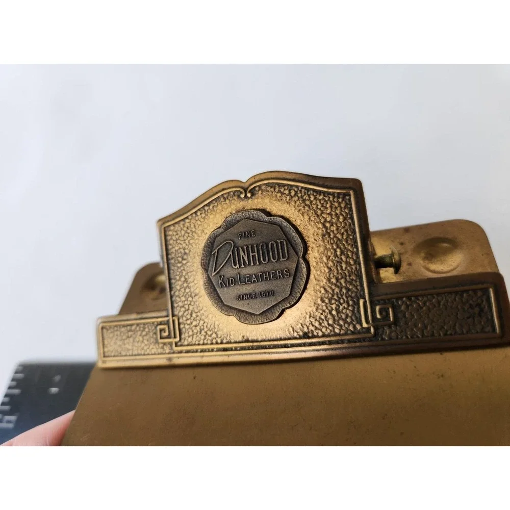 Small Antique Brass Advertising Clipboard Dunhood Leathers Whitehead & Hoag Co